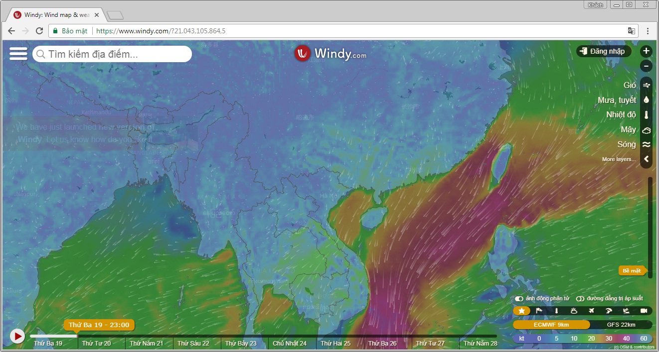 Xem dự báo thời tiết trực tuyến với Windy.com